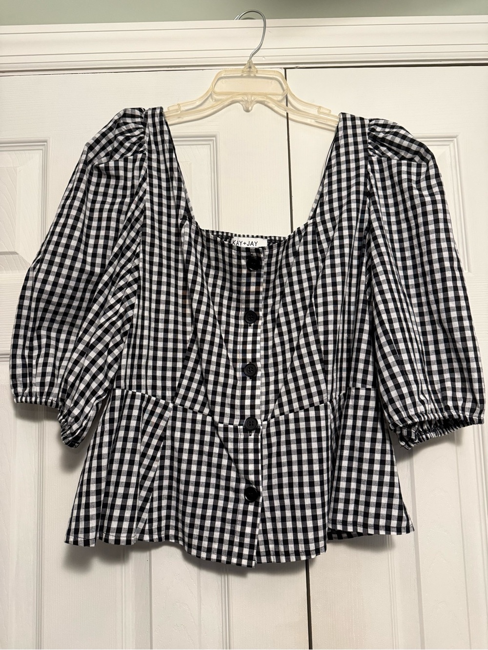 Kay-Jay Black & White Gingham Puff Sleeve Button-Front Top